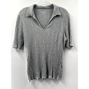 Everlane Womens Gray Solid Stretch Ribbed Short Sleeve V-Neck T-Shirt Size Large